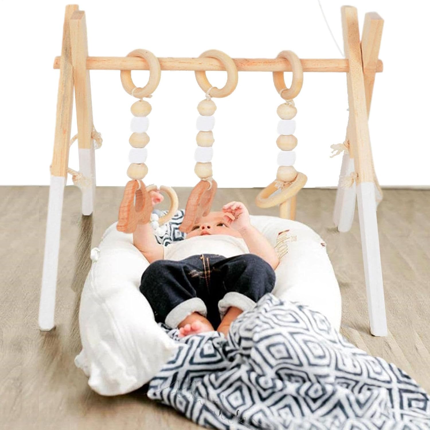 Portique D'éveil Bébé Bois, Arche Eveil Bebe Bois Naturel, Jouets De Développement Précoce Pour Chambre De Nouveau-né, Salon, Centre Blanc