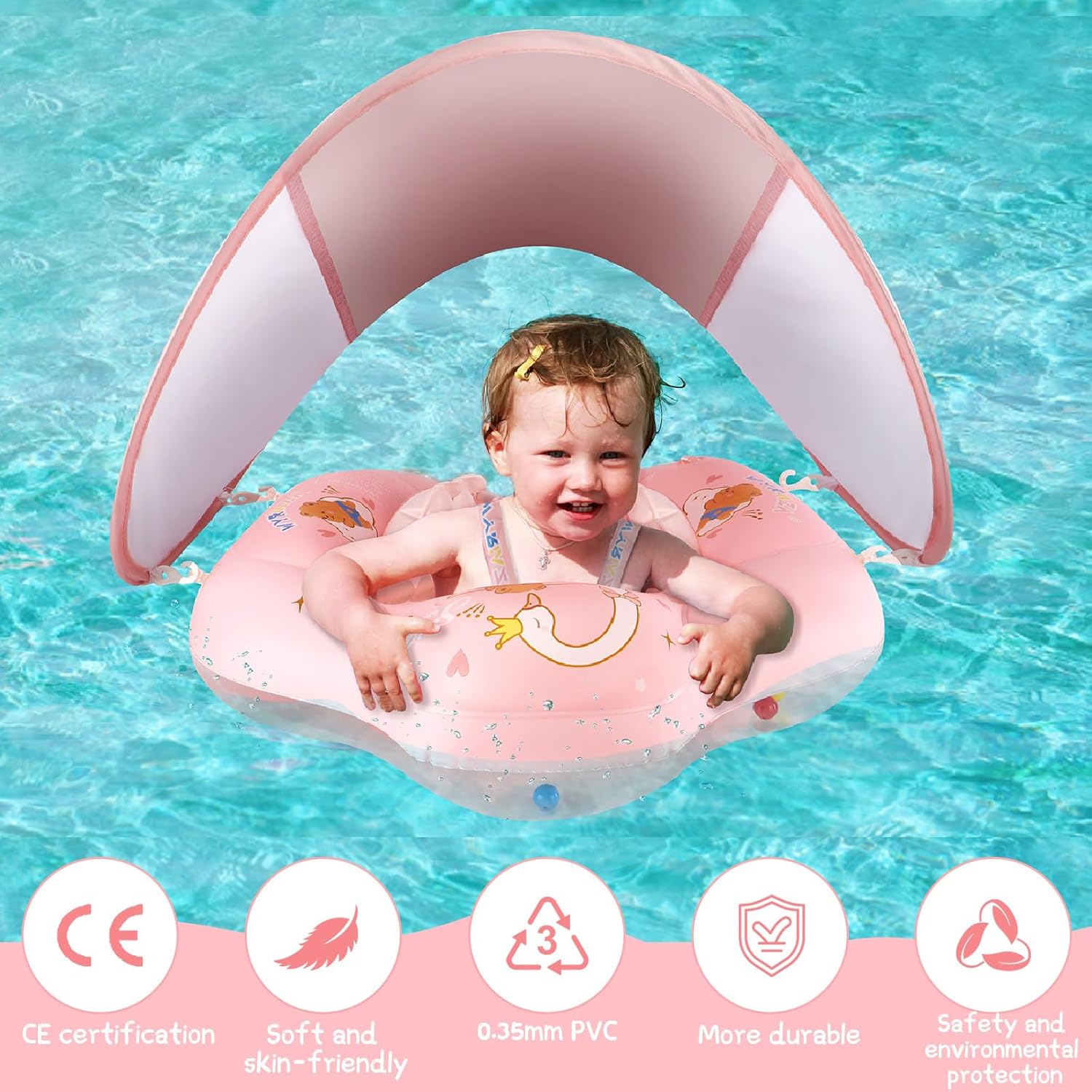 Bouée de natation pour bébé avec toit pare-soleil, bouée de natation pour bébé à partir de 3 à 36 mois, gonflable, aide à la natation avec siège de sécurité pour bébé à partir de 1 à 3 ans L (6-36 mois)