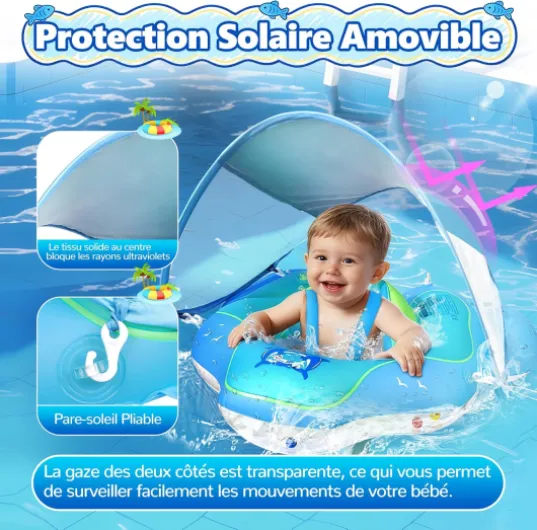 Bouée Bébé avec Pare Soleil UPF 50+, Bouee Bebe Piscine, Piscine Empêcher Le Retournement, Flotteur de Piscine pour Tout-Petits pour 6 à 36 Mois Garçon Fille bleu