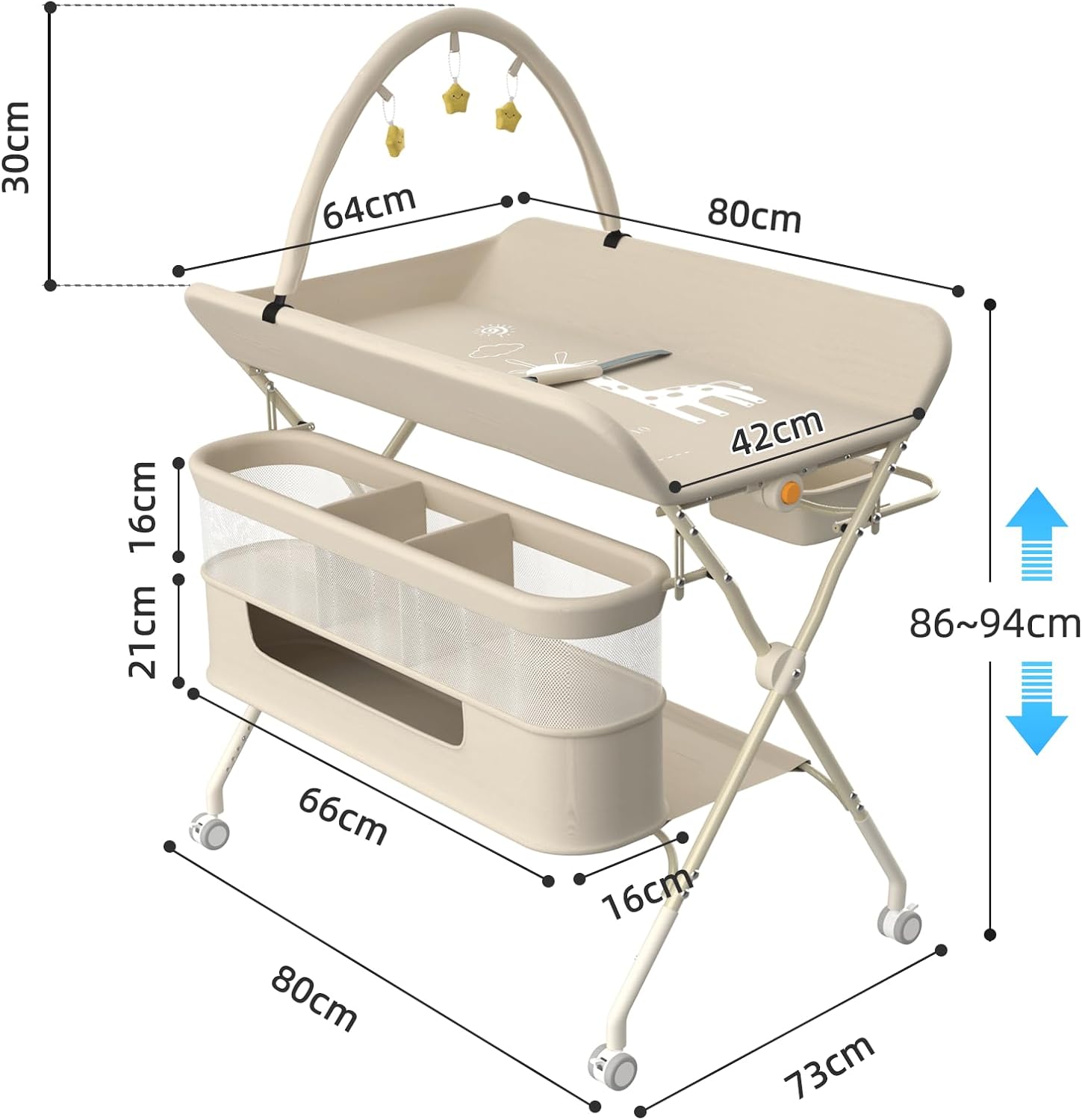 Table à Langer avec roulettes, avec Panier de Rangement à Côté Structure en Fer Charge Max 25KG pour Nouveaux-Nés Design Ergonomique, Rangement,pour Nouveau-né,75 * 68 * 83-91cm (B) Blanc crème 75*68*83-91cm (B) Blanc Crème