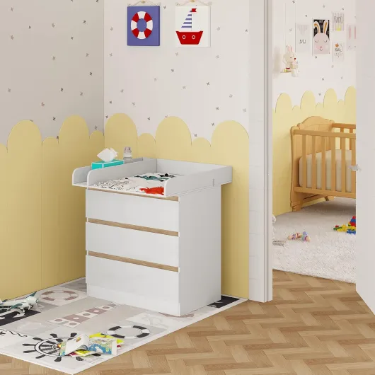 Table à Langer + Commode avec 3 Tiroirs, Ensemble Meuble à Langer pour Bébé, en MDF et en Bois d'Ingénierie, Blanc + Chêne Clair, 40x80x78cm