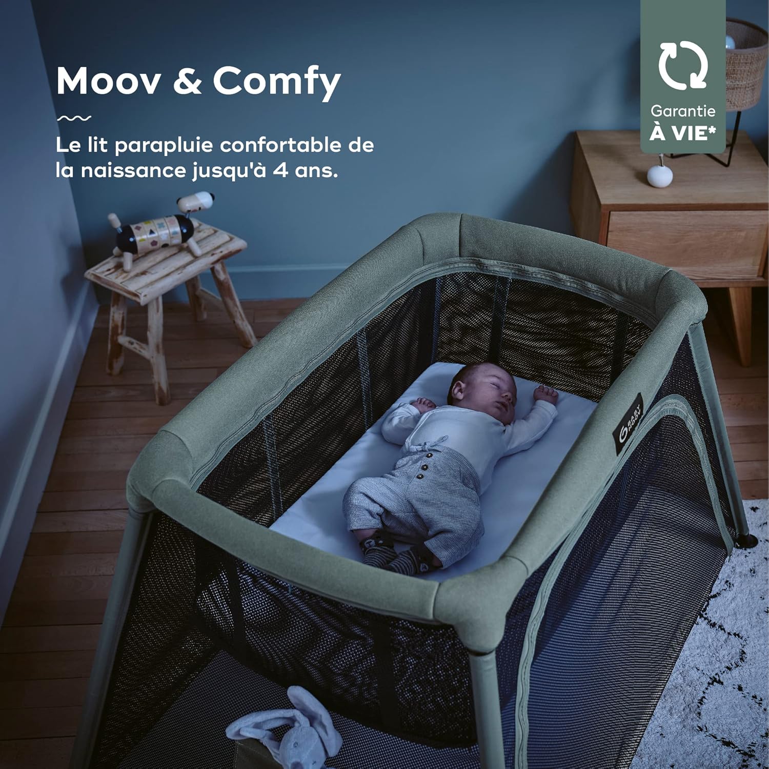 Lit parapluie 3-en-1 Moov and Comfy - Idéal dès la Naissance et jusqu'à 4 ans - 2 niveaux:Berceau et grand Lit d'appoint-Evolutif en Aire de jeux - Facile à monter et à plier - Garanti à vie