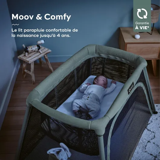 Lit parapluie 3-en-1 Moov and Comfy - Idéal dès la Naissance et jusqu'à 4 ans - 2 niveaux:Berceau et grand Lit d'appoint-Evolutif en Aire de jeux - Facile à monter et à plier - Garanti à vie