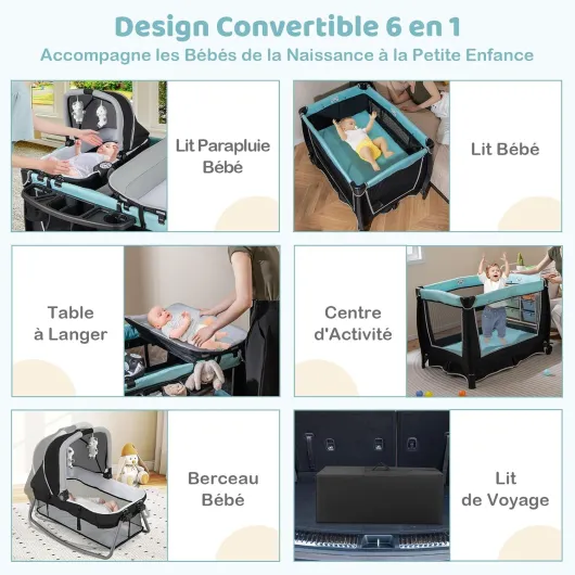 6 en 1 Lit Parapluie Bébé avec Matelas & Table à Langer, Lit Bébé Evolutif avec Auvent Réglable & 2 Jouets, Musique et Sac de Transport, Berceau pour Bébé de 0-3 Ans Noir