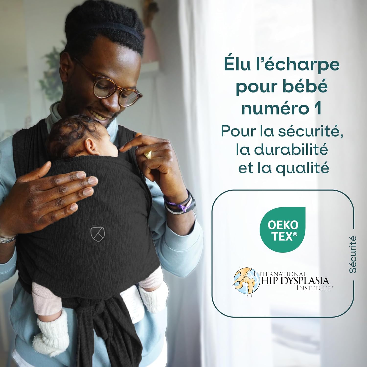 Une écharpe de portage facile à enfiler, réglable, unisex - Porte-bébé multifonctionnel pour jusqu’à 9 kg - Noir - Design Enregistré KBC®