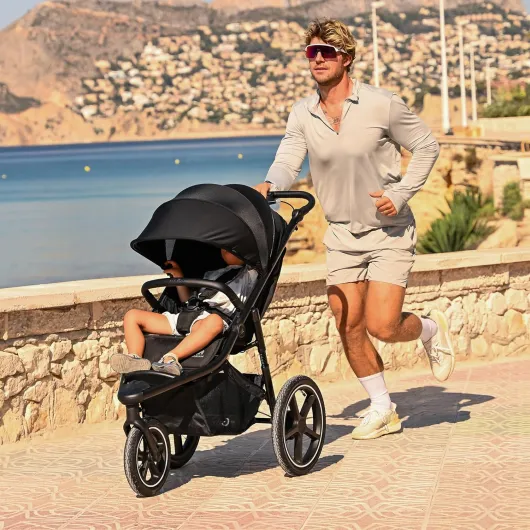 Deryan Bolt Poussette 3 Roues Tout Terrain Runner, Roues XL Gonflables 6 mois à 4 ans, Suspension, Position Allongée, Pliable, Jusqu'à 22 kg, Guidon Réglable, Panier XL Jusqu'à 3 kg, Noir