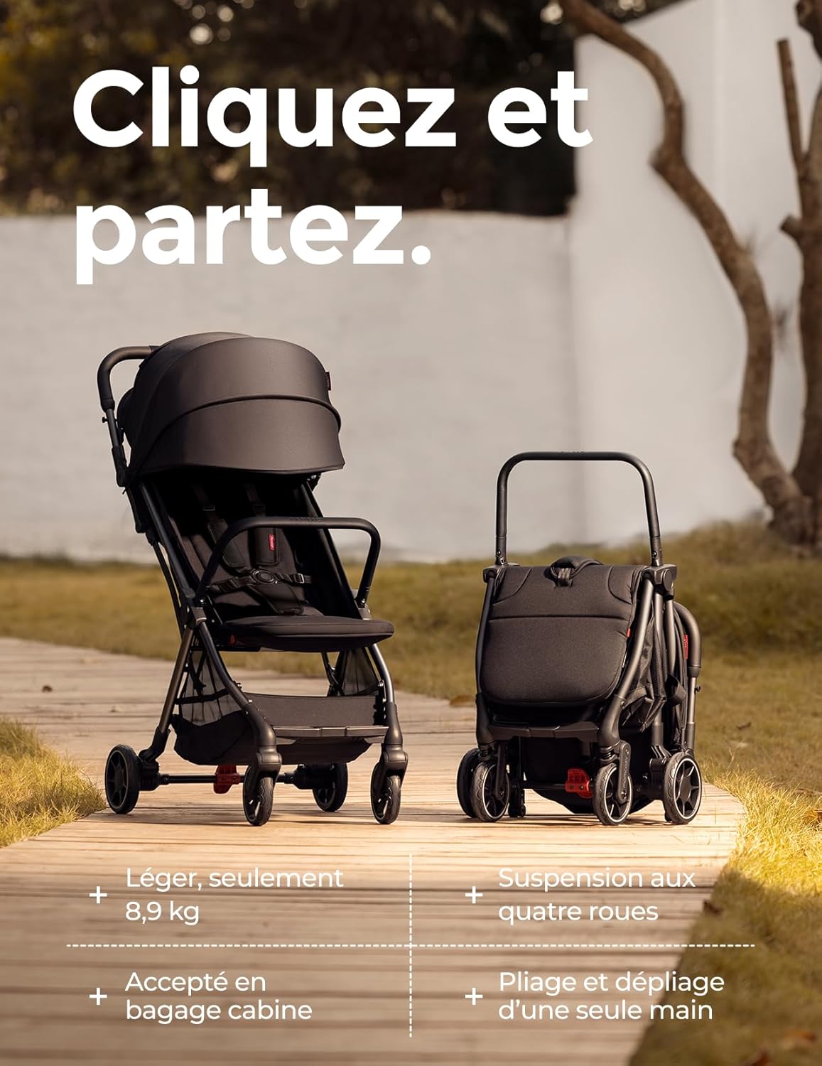 ClickGo Poussette Légère, Poussette Bébé Compacte pour Voyages en Avion avec Système de Pliage en Un Clic, Poussette Bébé avec Capot pour Enfants Dès 0 Mois, Capot Extensible UPF 50+ Noir