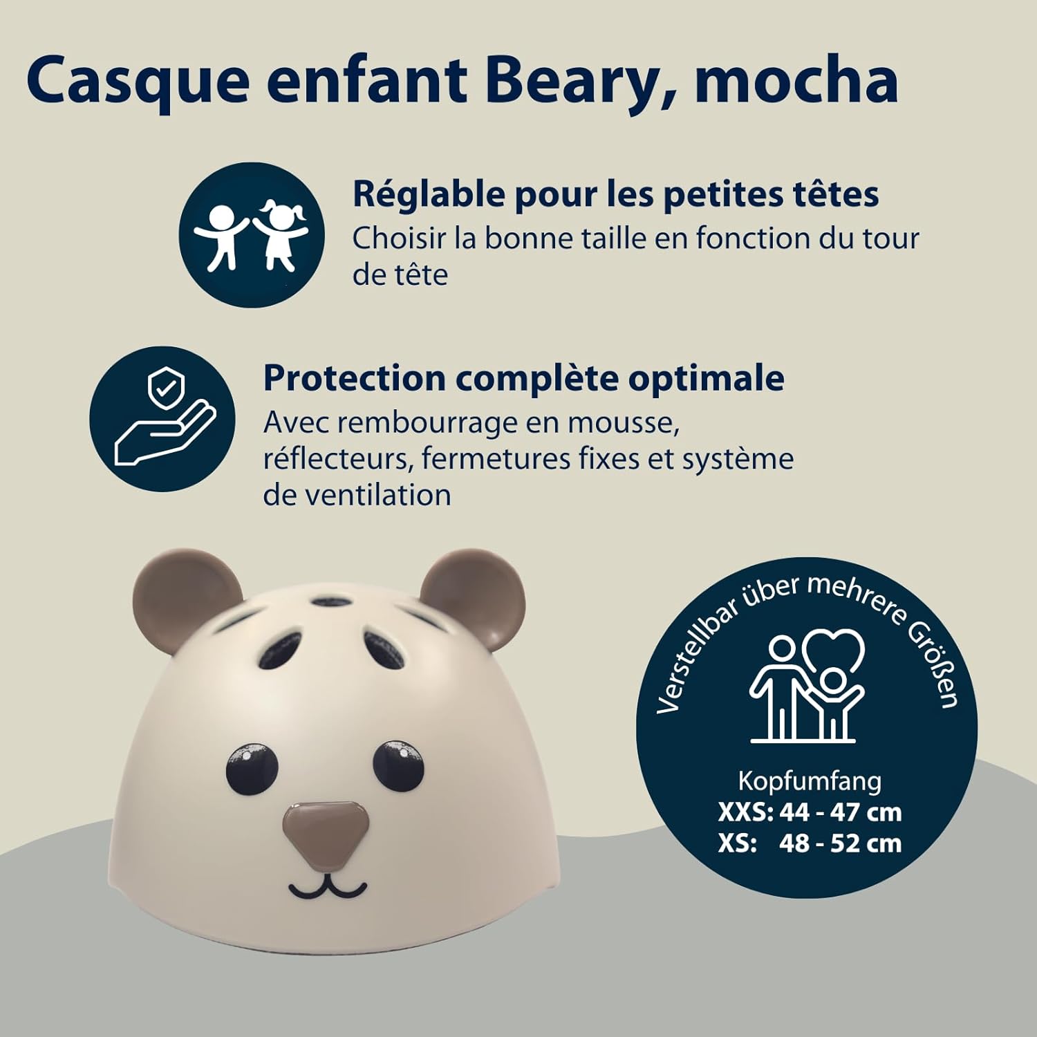 Casque pour Enfants Beary - Casque Confortable pour Tout-Petits en XXS/XS - avec Un Adorable Motif d'ours - Casque de Haute Qualité - Idéal pour Draisienne, Trottinette & Vélo 48-52 cm Mocha