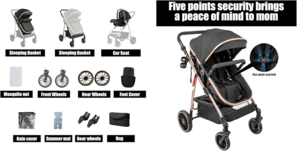 Poussette 3 en 1, Poussette Bebe avec Mode Double Poussée Réversible, Pousette 3 in 1 avec Nacelle Grande, Pousette Trio Cadre en Alliage d'aluminium Pliable Haut Paysage (V8 Black Gold) 3 en 1 V8 Noir Or