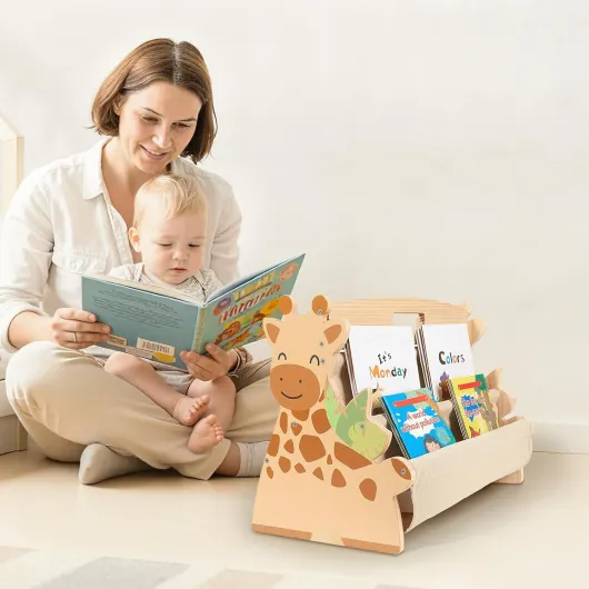 MHJY Bibliothèque Enfant Double Face - Étagère Livres Bois et Toile avec Poignée, Meuble Rangement Montessori Portable, Organisateur de Chambre et Salle de Jeux, Design Robuste et Sécurisé Yellow Giraffe