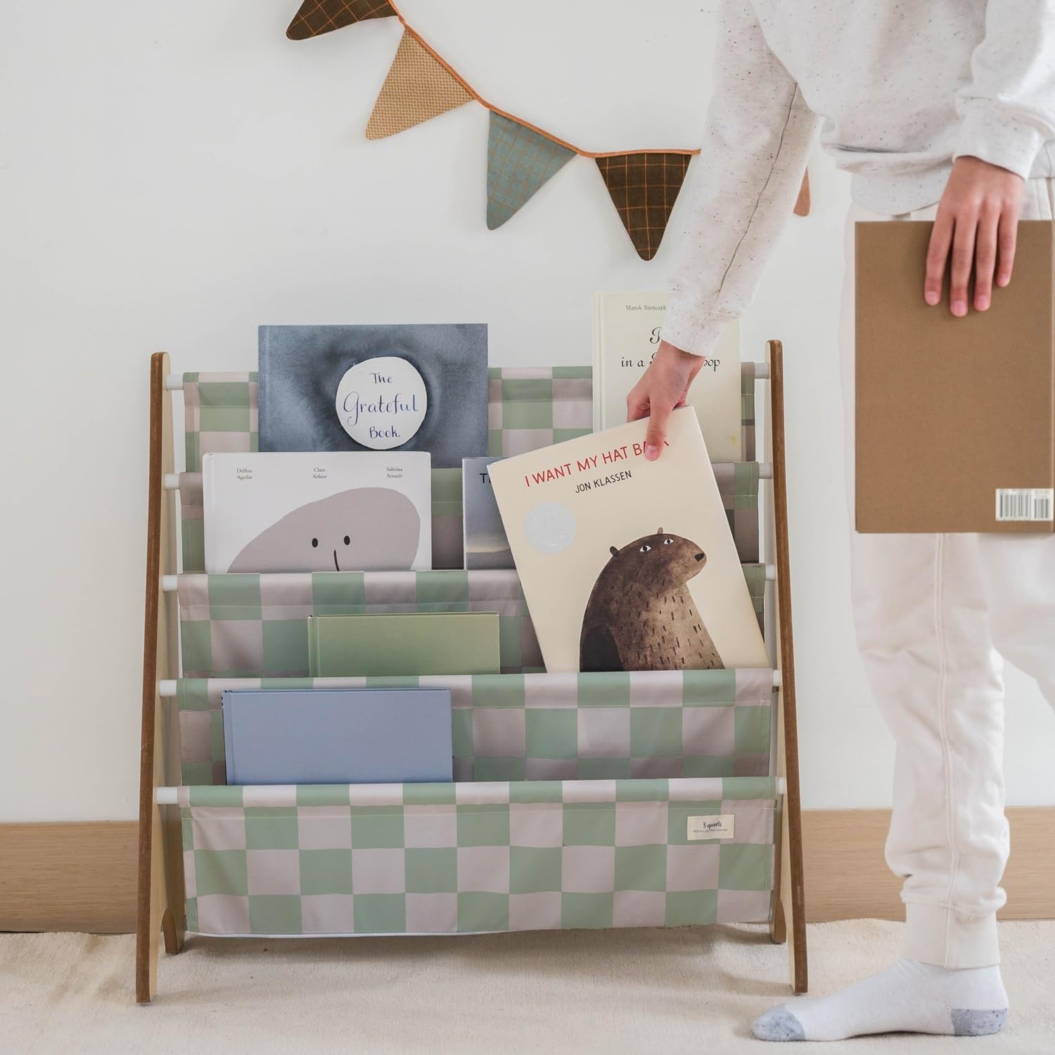 Bibliothèque Enfant en Bois - Rangement Livres et Jouets - Étagère Montessori - Damier Vert Damier - Vert
