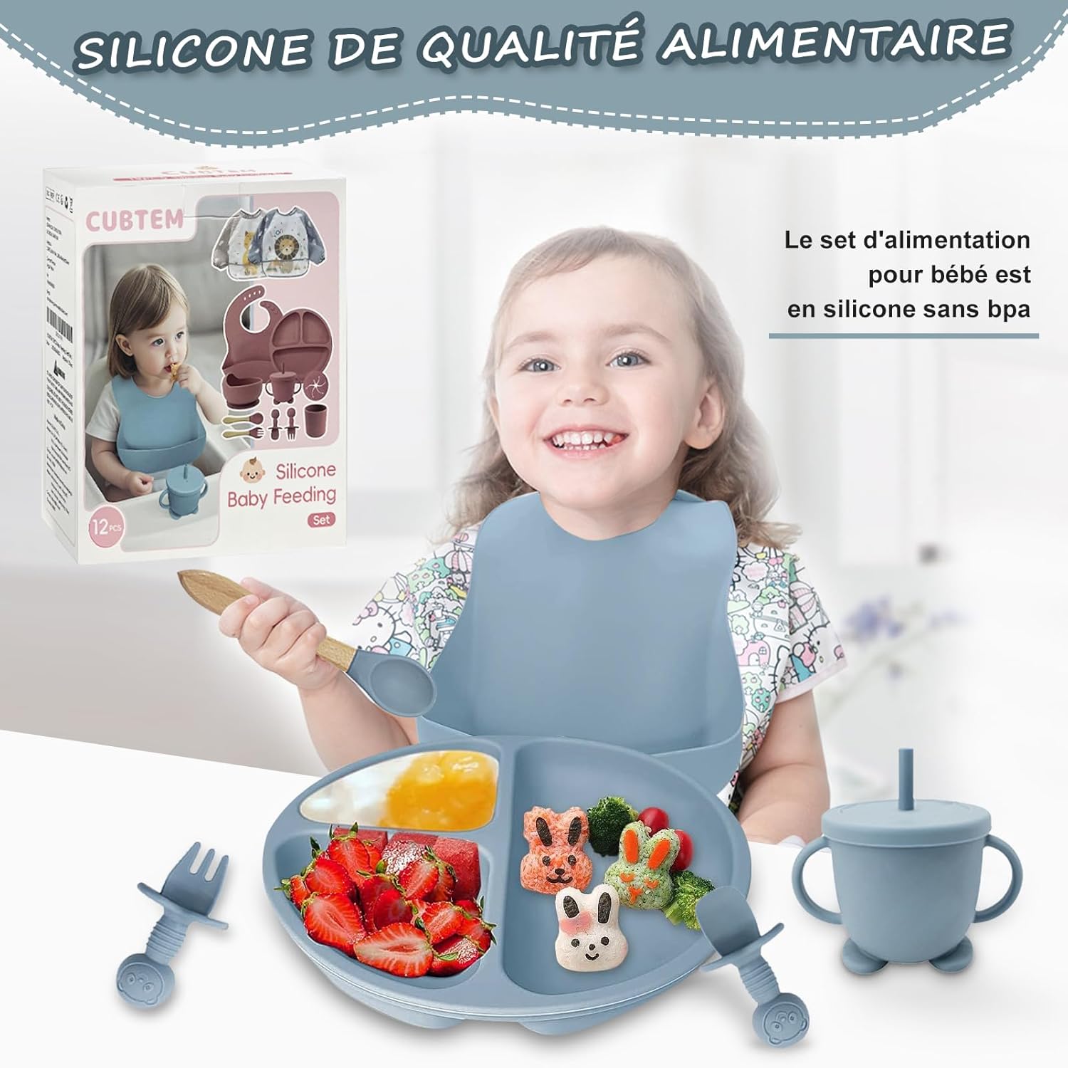 Assiette Bebe,Lot de 12 Set Repas BéBé, Bol Cuillere Bebe,Bavoir Silicone Bebe,Assiette Ventouse Pour BéBé,Enfant Set Couverts Vaisselle Pour Sevrage Manger Bleu