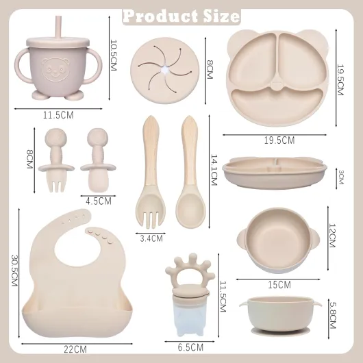 10 Pièces Coffret Repas Bebe Silicone, Assiette bebe Set Vaisselle Assiette ventouse pour bébé, Bavoir Silicone Bebe, fourchettes, Enfant Set Couverts Vaisselle Pour Sevrage Manger (Beige)