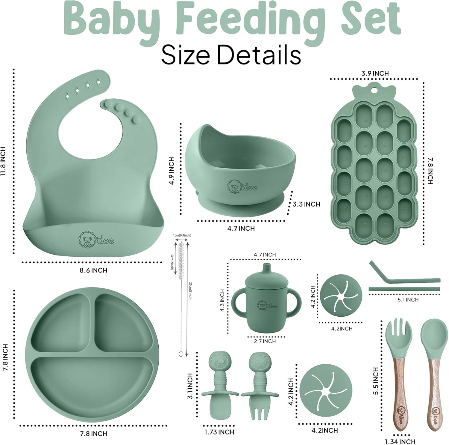 O'doe Vaisselle Bebe - Set Repas Bebe 1er Age 15 Pièces – Coffret Repas Bebe avec Bol Silicone à Ventouse, Cuillères, Tasses, Bavoirs, Assiettes – Set Repas Bébé Complet - Coffrets Repas LED Verte V5 : Pack de soins infirmiers [15 pièces]