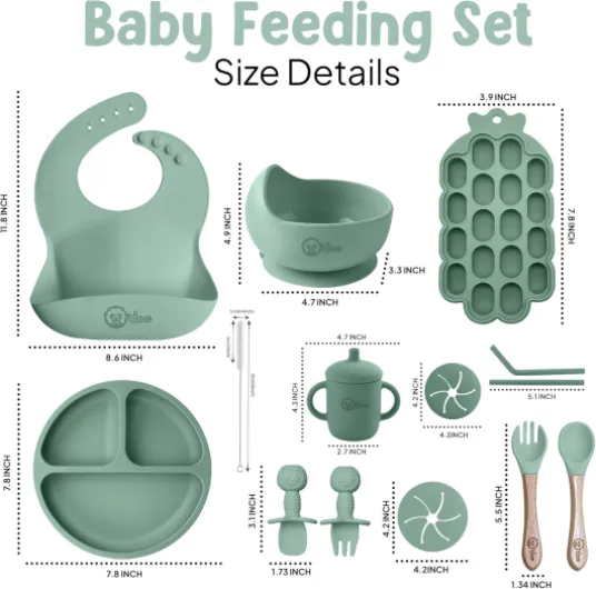 O'doe Vaisselle Bebe - Set Repas Bebe 1er Age 15 Pièces – Coffret Repas Bebe avec Bol Silicone à Ventouse, Cuillères, Tasses, Bavoirs, Assiettes – Set Repas Bébé Complet - Coffrets Repas LED Verte V5 : Pack de soins infirmiers [15 pièces]