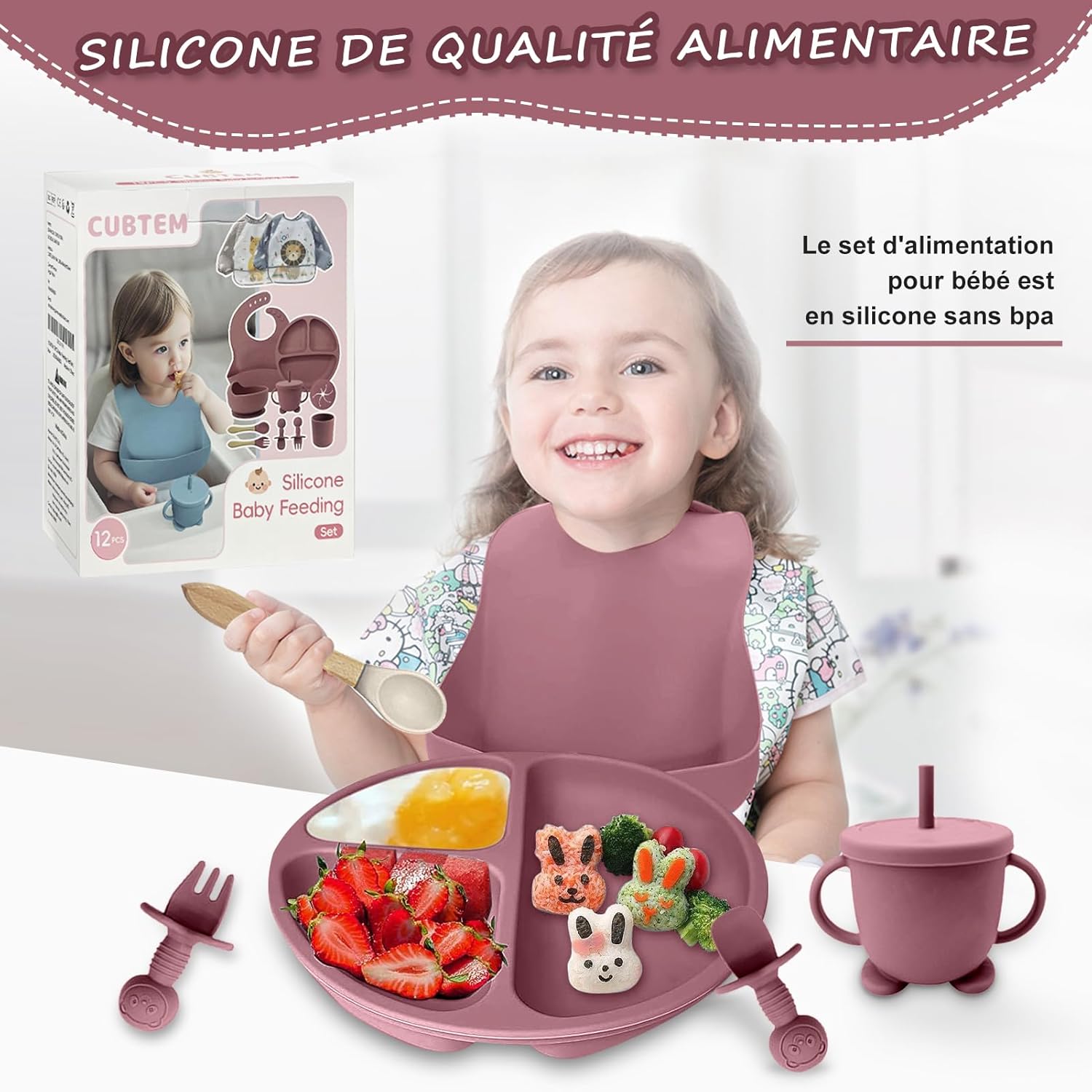 Assiette Bebe,Lot de 12 Set Repas BéBé, Bol Cuillere Bebe,Bavoir Silicone Bebe,Assiette Ventouse Pour BéBé,Enfant Set Couverts Vaisselle Pour Sevrage Manger Rose