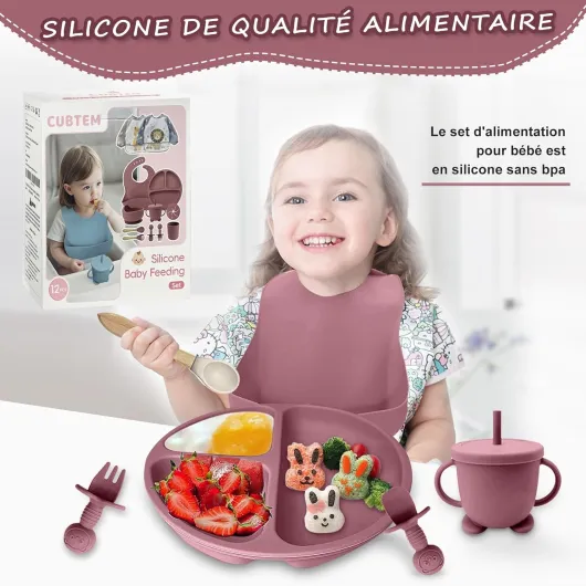 Assiette Bebe,Lot de 12 Set Repas BéBé, Bol Cuillere Bebe,Bavoir Silicone Bebe,Assiette Ventouse Pour BéBé,Enfant Set Couverts Vaisselle Pour Sevrage Manger Rose