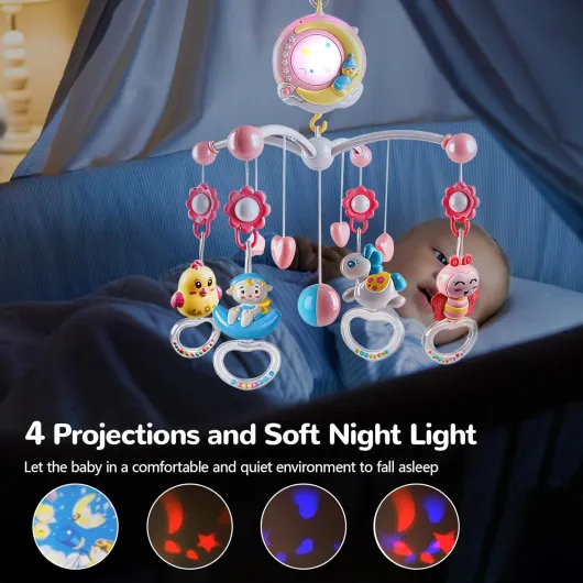 Mobile Musical Lit Bébé, Mobile Bébé pour Lit avec Veilleuse et Projecteur Mobile Lit Bebe avec 150 Berceuses Hochets Rotatifs Suspendus Boîte à Musique Telecommande Cadeau pour Nouveau Née