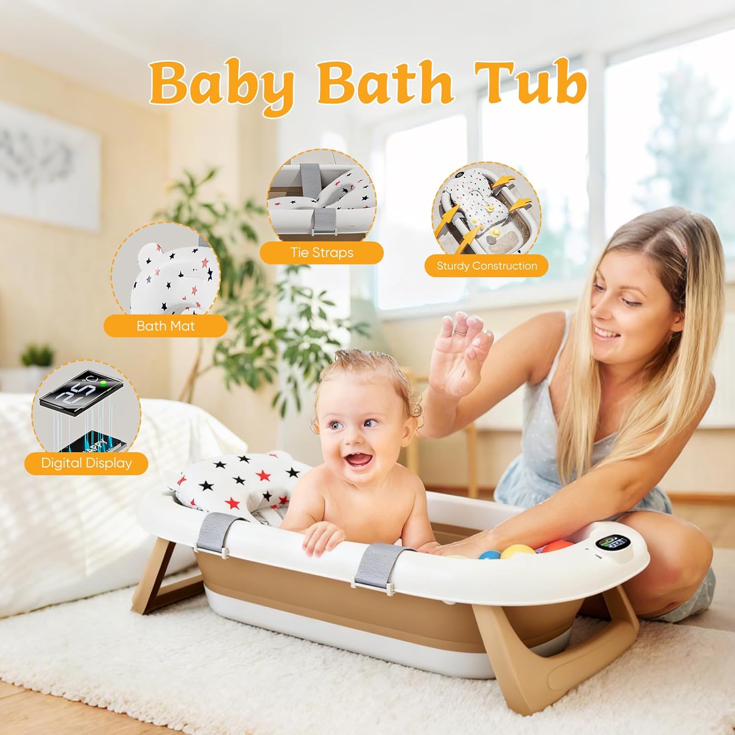 Baignoire Avec Capteur De TempéRature 85x53CM, Baignoire Pliable BéBé Pour Bain Douche Begnoire Enfant, Hamac Bassine RéDucteur Antiderapant Bouchon Confort Voyage 0-3 Ans Sur Pied Bathtub Gris