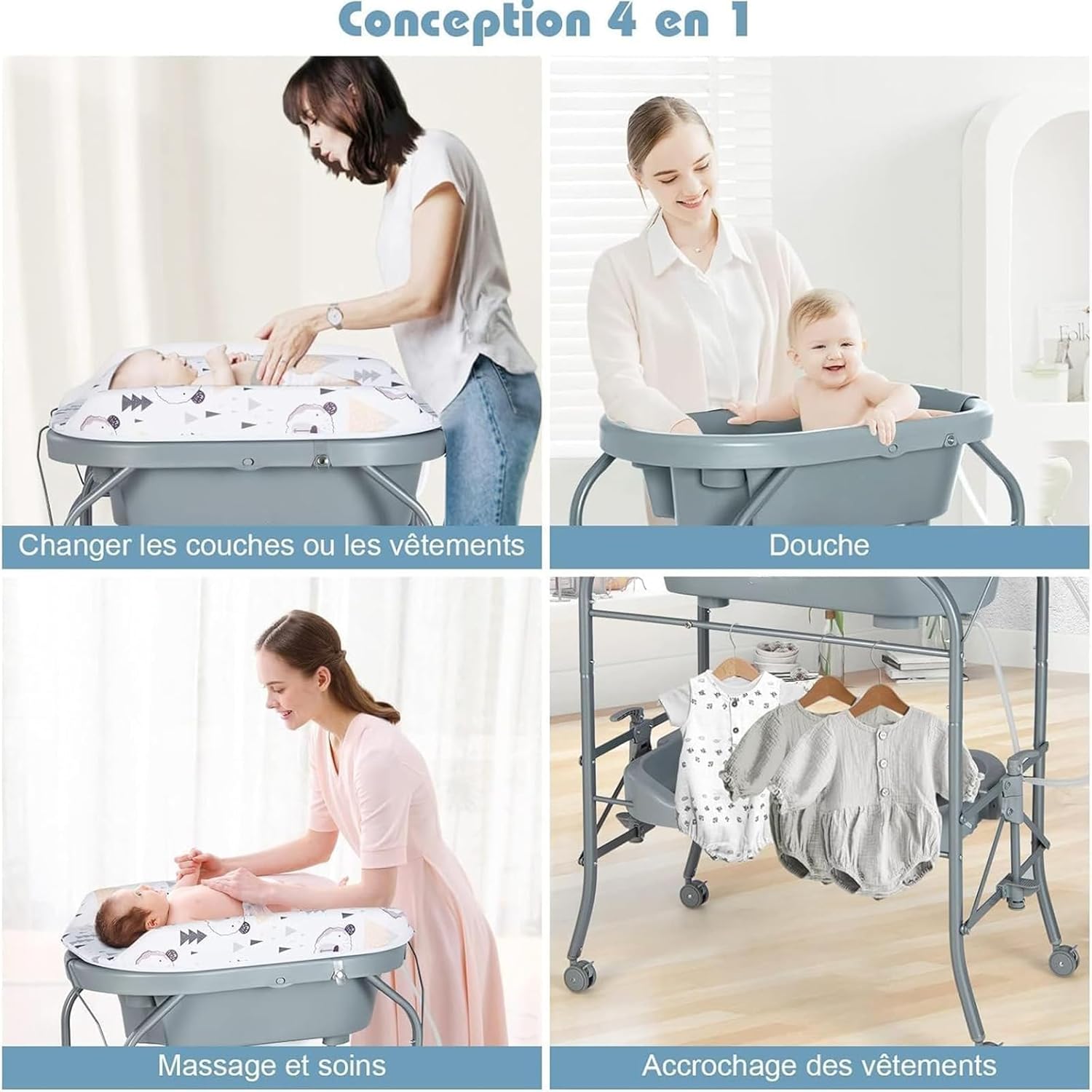 Baignoire Pliable Bébé 4 en 1, Baignoire Bebe sur Pied, avec Panier de Rangement et Roues Verrouillables, Charge 35 KG, Table a Langer avec Baignoire pour 0-12 Mois (Gris Foncé)