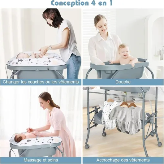 Baignoire Pliable Bébé 4 en 1, Baignoire Bebe sur Pied, avec Panier de Rangement et Roues Verrouillables, Charge 35 KG, Table a Langer avec Baignoire pour 0-12 Mois (Gris Foncé)