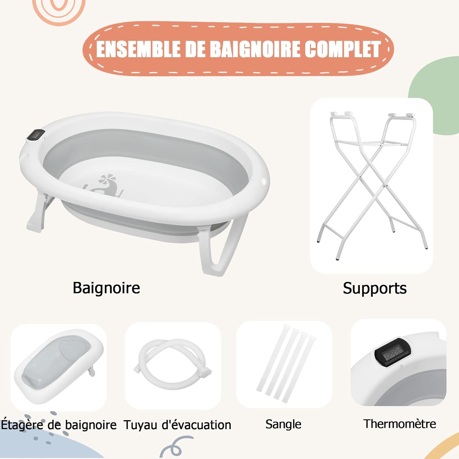 Baignoire Bebe avec Support, Baignoire Xxl Avec Support Bébé sur Pied - Sécurisée et Confortable Bassine Pliable Bebe,Idéale Pour La Douche (Style 1) 85 x 47 x 85 cm - Gris