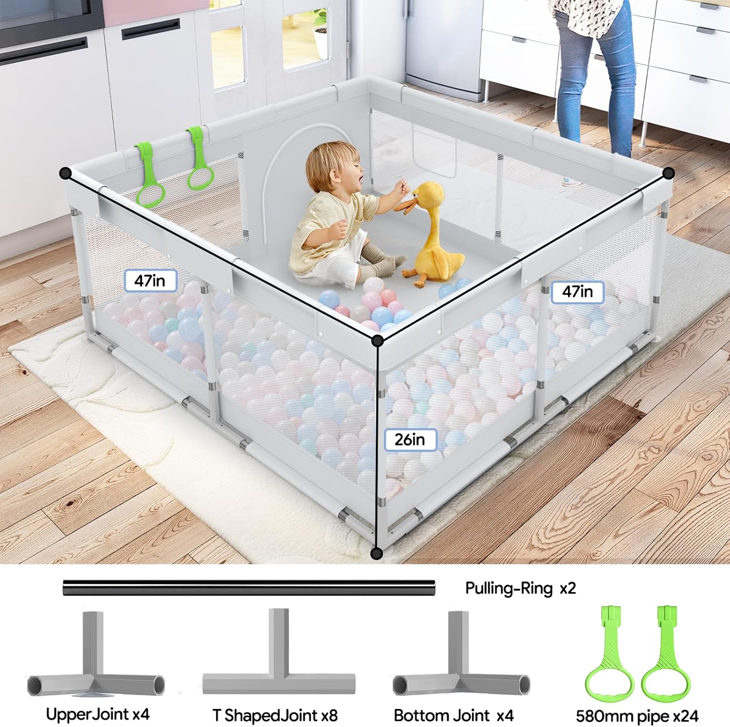 Fodoss 120x120cm Parc Bebe, Le Petit Parc Enfant pour l'appartement, Intérieur et Extérieur Parc Bébé, Stable Avec 4 Ventouses Inférieures Gris