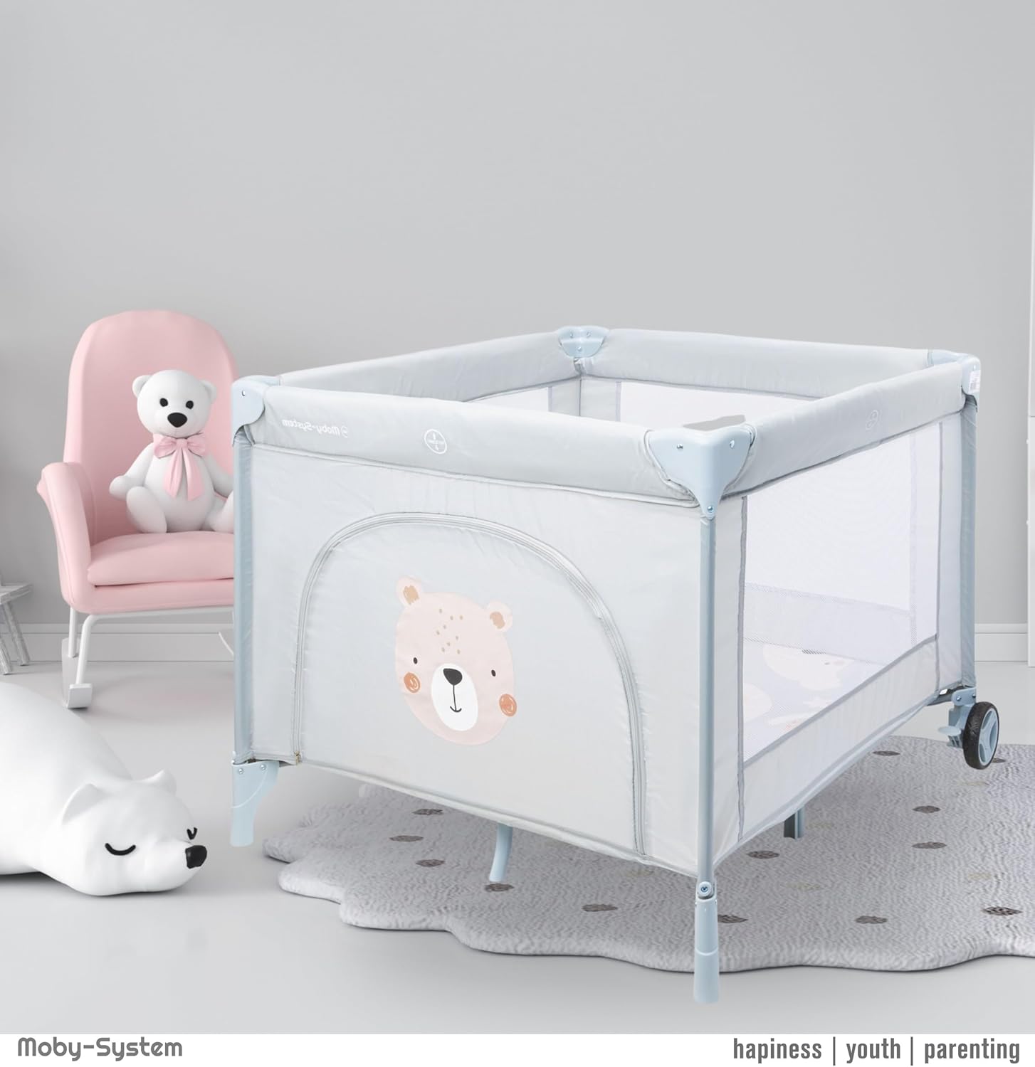 Moby-System Parc Bébé avec Matelas et Sac de Transport - Lit Parapluie Pliable, Roues Verrouillables, Cadre Stable - Motif Ours en Peluche - 97 x 100 x 77 cm (3 Articles) Teddy