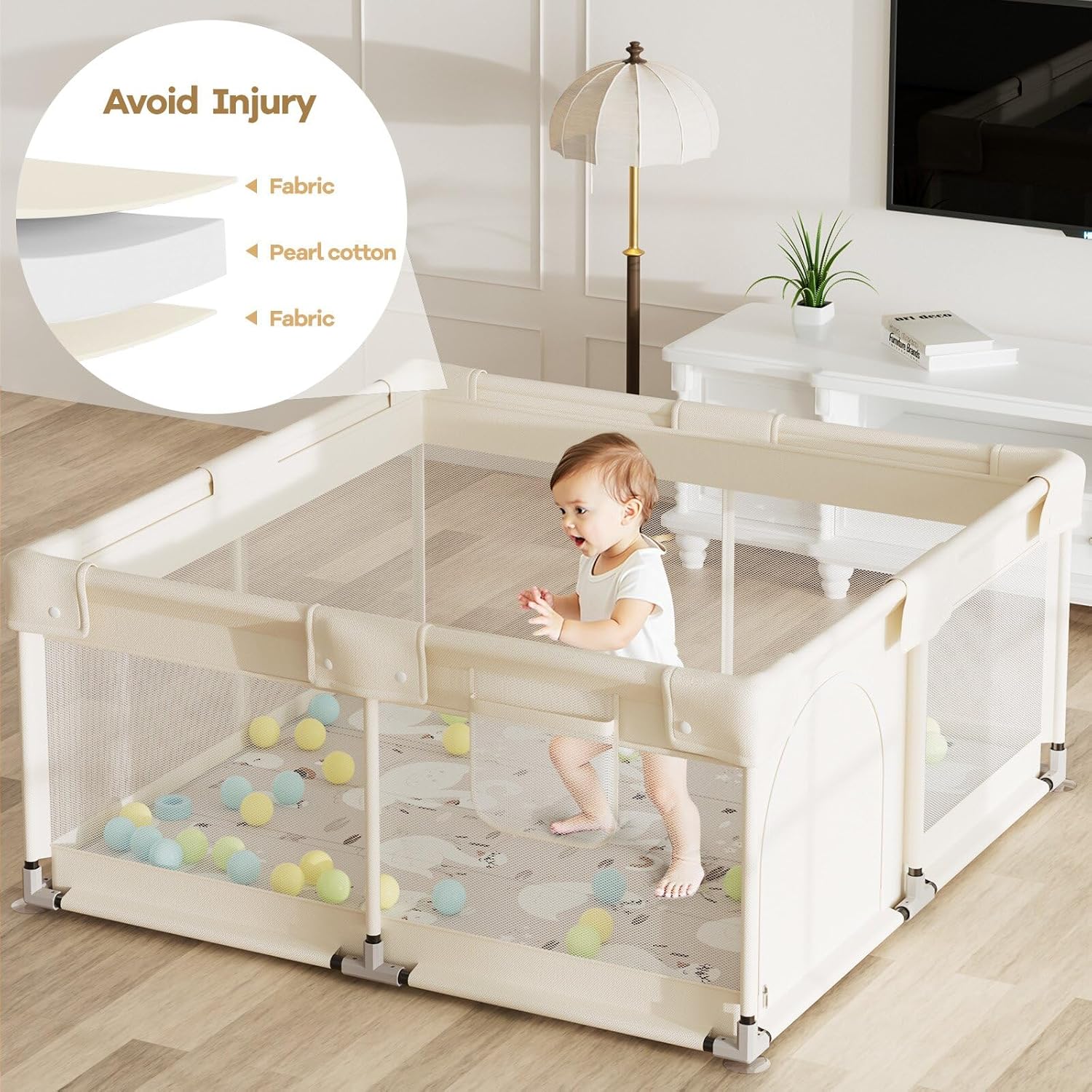 Beige Parc Bebe 120x120cm - Parc Bébé avec Tapis et Toile Oxford Durable, 2 Poignées Incluses, Idéal pour Petits Appartements Beige 120x120cm