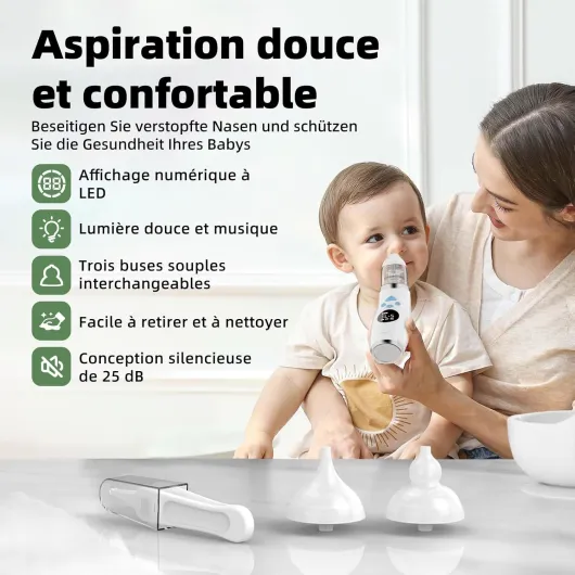 Mouche Bebe Electrique, Mouche nez Bébé confort 5 niveaux d'aspiration mouche-bébé 3 tailles Embout musique et lumière apaisantes affichage LED portable