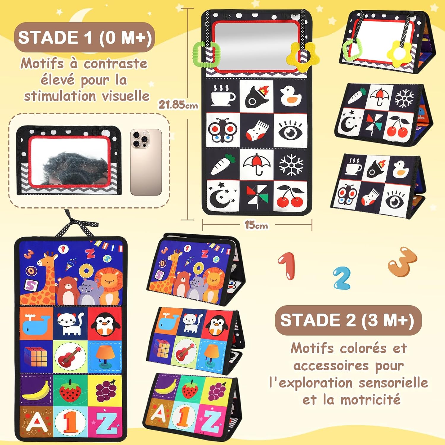 Jouet Bebe 0-3-6-9-12 Mois - Miroir d'Éveil Pliable avec Jouet de Dentition et Livre Papier froissé Sensoriel - Montessori Noir et Blanc à Motifs Contrastés pour l'Éveil des Bébés Bleu