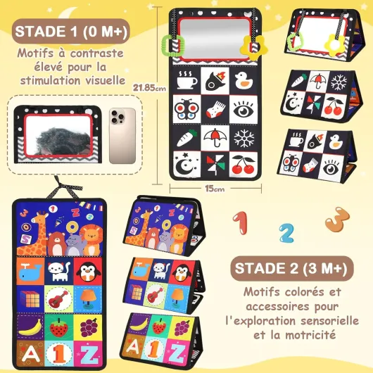 Jouet Bebe 0-3-6-9-12 Mois - Miroir d'Éveil Pliable avec Jouet de Dentition et Livre Papier froissé Sensoriel - Montessori Noir et Blanc à Motifs Contrastés pour l'Éveil des Bébés Bleu