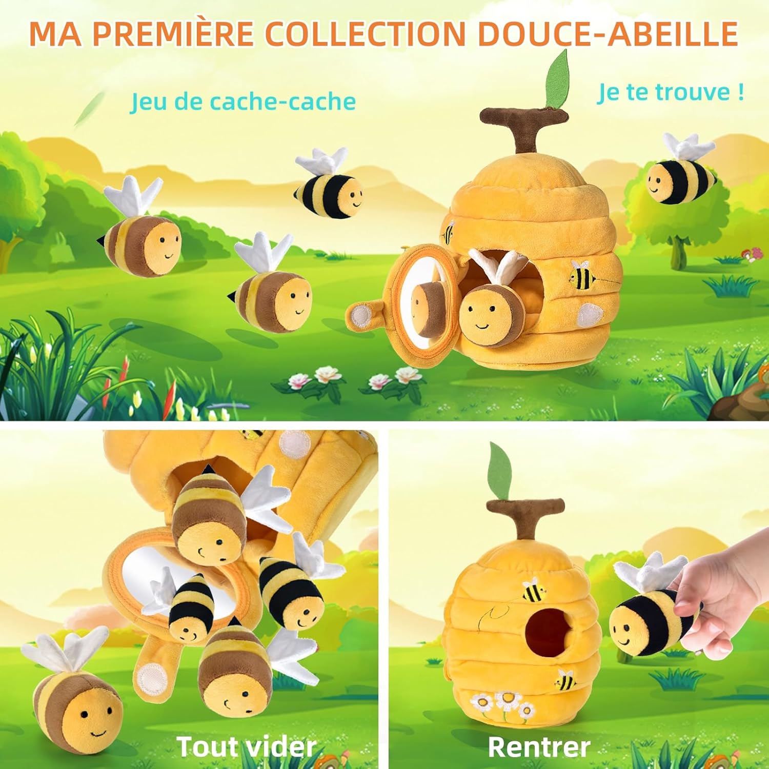 Jouet Bebe 6 Mois, 6-en-1 Ruche en Peluche avec 5 Abeilles, Jeux Montessori avec Hochets, Miroirs Jouets Sensoriel Interactifs Bebe 6 Mois,Cadeau Bébé Enfant 6 9 12 18 Mois Garçon Fille
