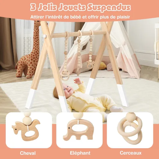 Portique d’Eveil, Arche de Jeux pour Bébé en Bois avec Jouets, Centre d'Activité Pliable, Cadeau de Naissance, 4 Couleurs Nature/Vert/Gris/Rose (Blanc)