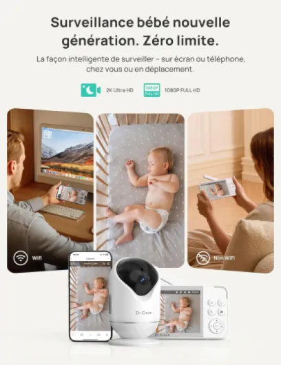 Dr.Care VistaView 5” Moniteur Bébé WiFi avec Support Clip - Caméra 2K HD, Contrôle Via Application, Alertes de Pleurs et Mouvement, Vision Nocturne, Batterie 5000mAh, Sécurité Triple 1 Caméra + 1 Moniteur + 1 Support Clip