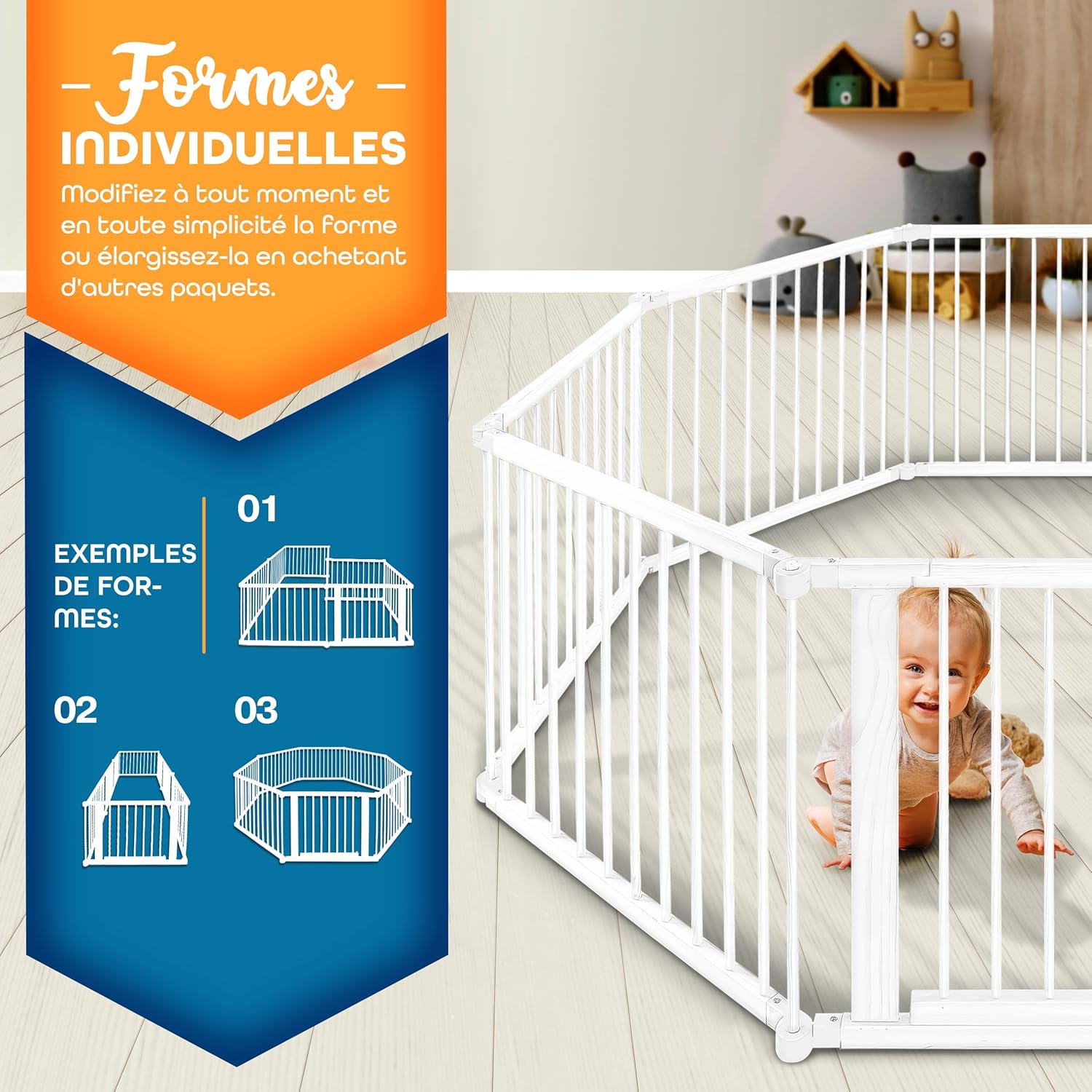 KIDUKU® Barrière de sécurité Parc bébé XXL 7,2 mètres, pliant, porte inclus, à 8 pièces, forme individuelle selon votre choix Blanc