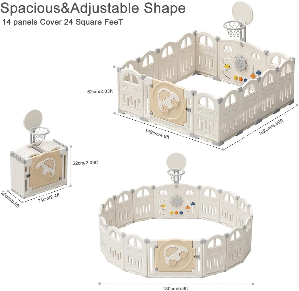 UBRAVOO Parc pour bébé pliable avec mini panier de basket et 50 balles colorées, à thème de voiture pour tout-petits,grand centre d'activités intérieur amusant(14 panneaux,Blanc laiteux) Blanc laiteux (14 panneaux)
