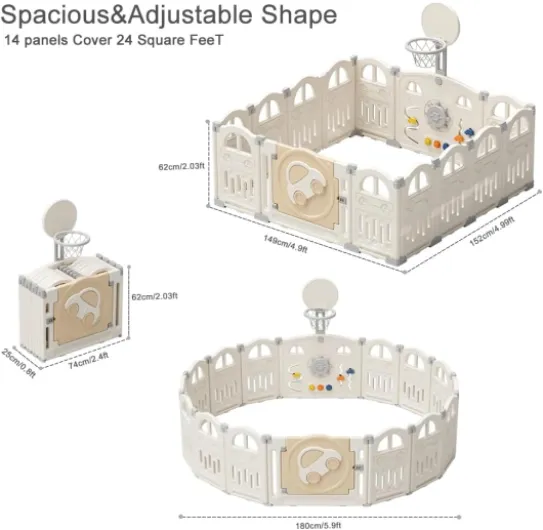 UBRAVOO Parc pour bébé pliable avec mini panier de basket et 50 balles colorées, à thème de voiture pour tout-petits,grand centre d'activités intérieur amusant(14 panneaux,Blanc laiteux) Blanc laiteux (14 panneaux)