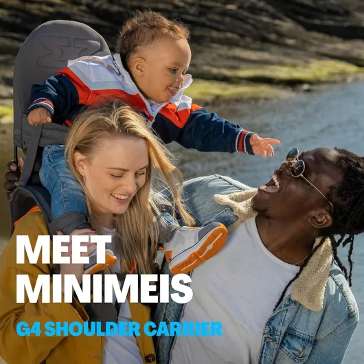 MiniMeis G4 - Porte-bébé avec support du dos - Système de portage pliable pour enfant - Jusqu'à 18 kg - Gris/orange
