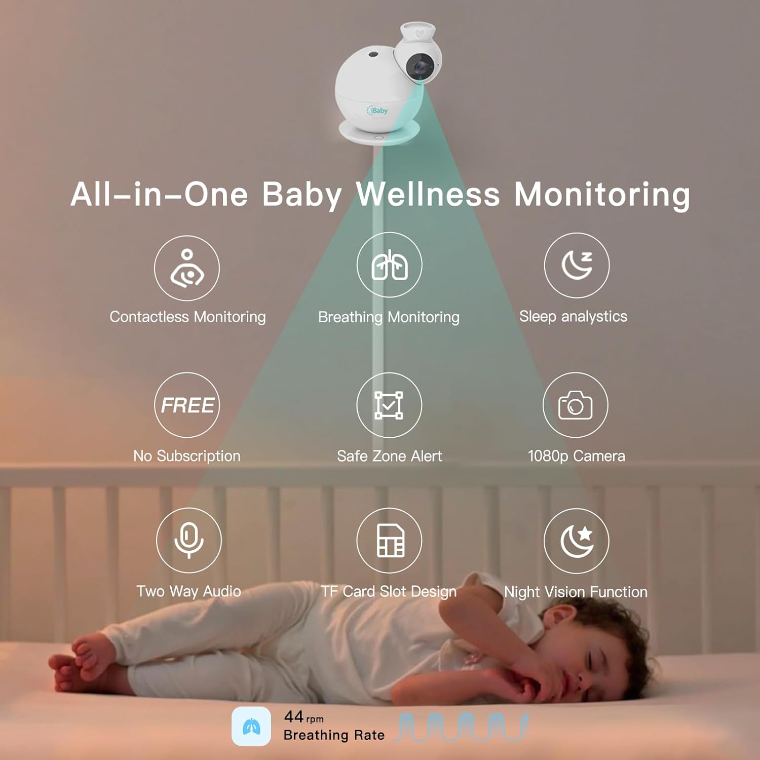 IBaby i7 Moniteur intelligent pour bébé – Suivi du taux de respiration du nouveau-né, sans contact, mode de sommeil, alertes de pleurs et intelligentes, vision nocturne 1080p, machine sonore