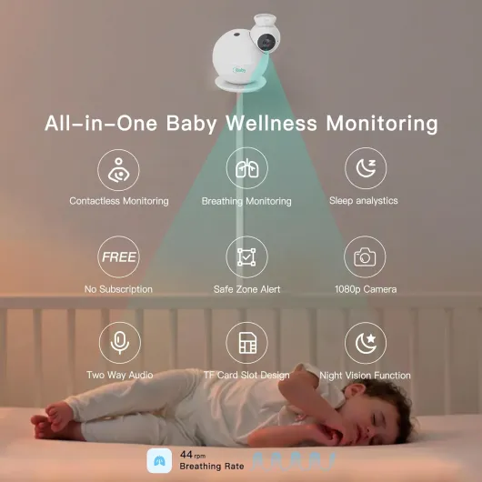 IBaby i7 Moniteur intelligent pour bébé – Suivi du taux de respiration du nouveau-né, sans contact, mode de sommeil, alertes de pleurs et intelligentes, vision nocturne 1080p, machine sonore