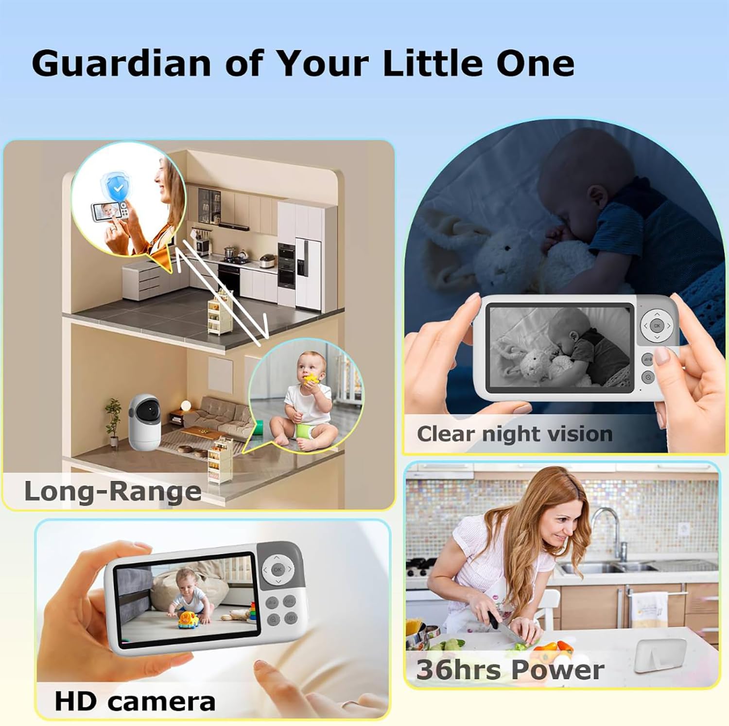 Moniteur vidéo pour bébé de 12,7 cm avec caméra et audio, autonomie de 36 heures, caméra HD, zoom panoramique 3x, moniteur de bébé longue portée sans WiFi, vision nocturne, portable, conversation 5‘’ LCD Screen with PTZ 720P Camera