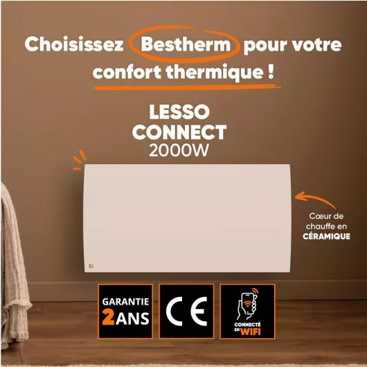 Radiateur électrique fixe connecté WIFI à inertie sèche céramique 2000W Bestherm LESSO CONNECT horizontal blanc