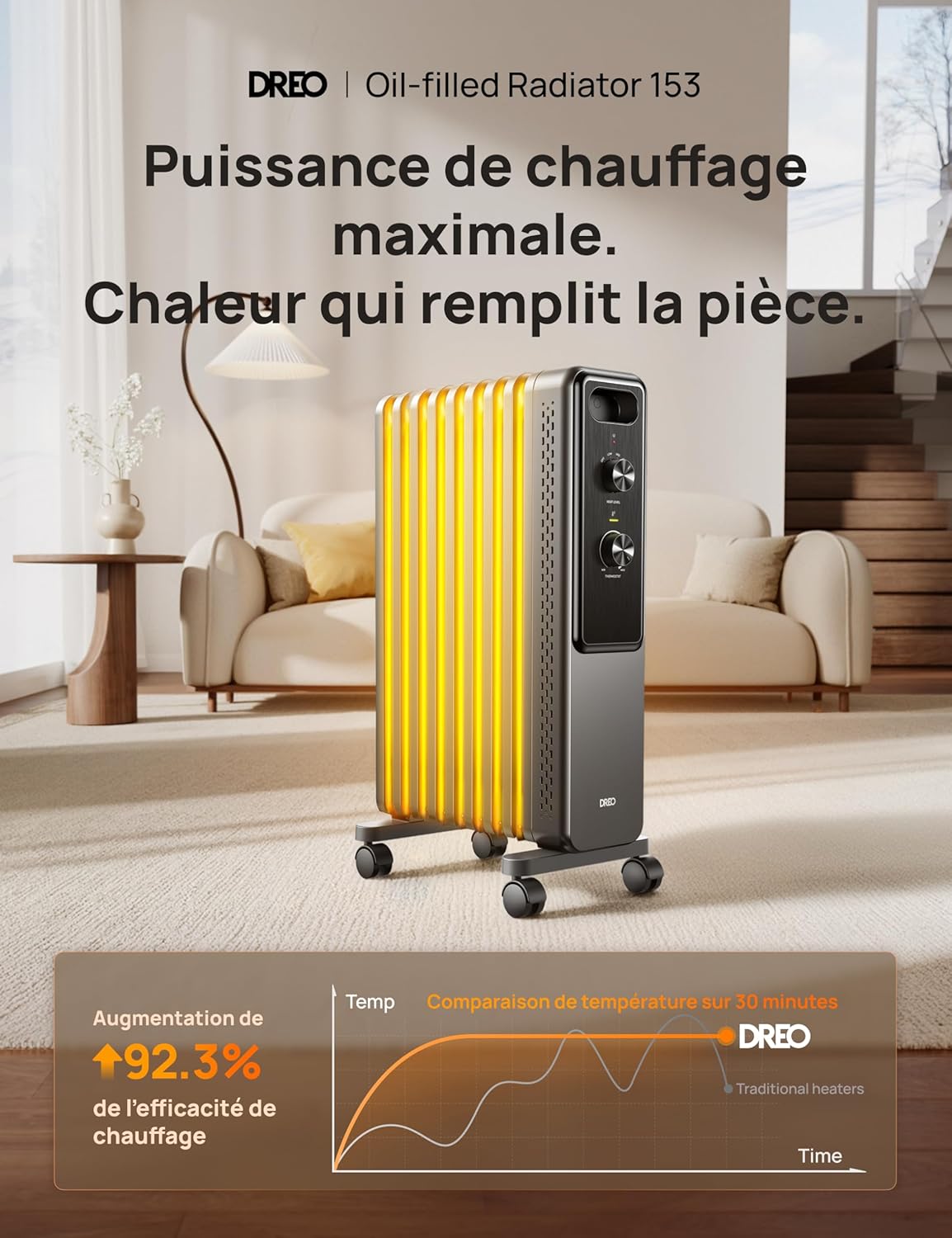 Radiateur à huile 2000W avec 9 ailettes, chauffage électrique silencieux pour chambre, thermostat réglable, protection surchauffe et basculement, sécurité enfant et mode économie d’énergie