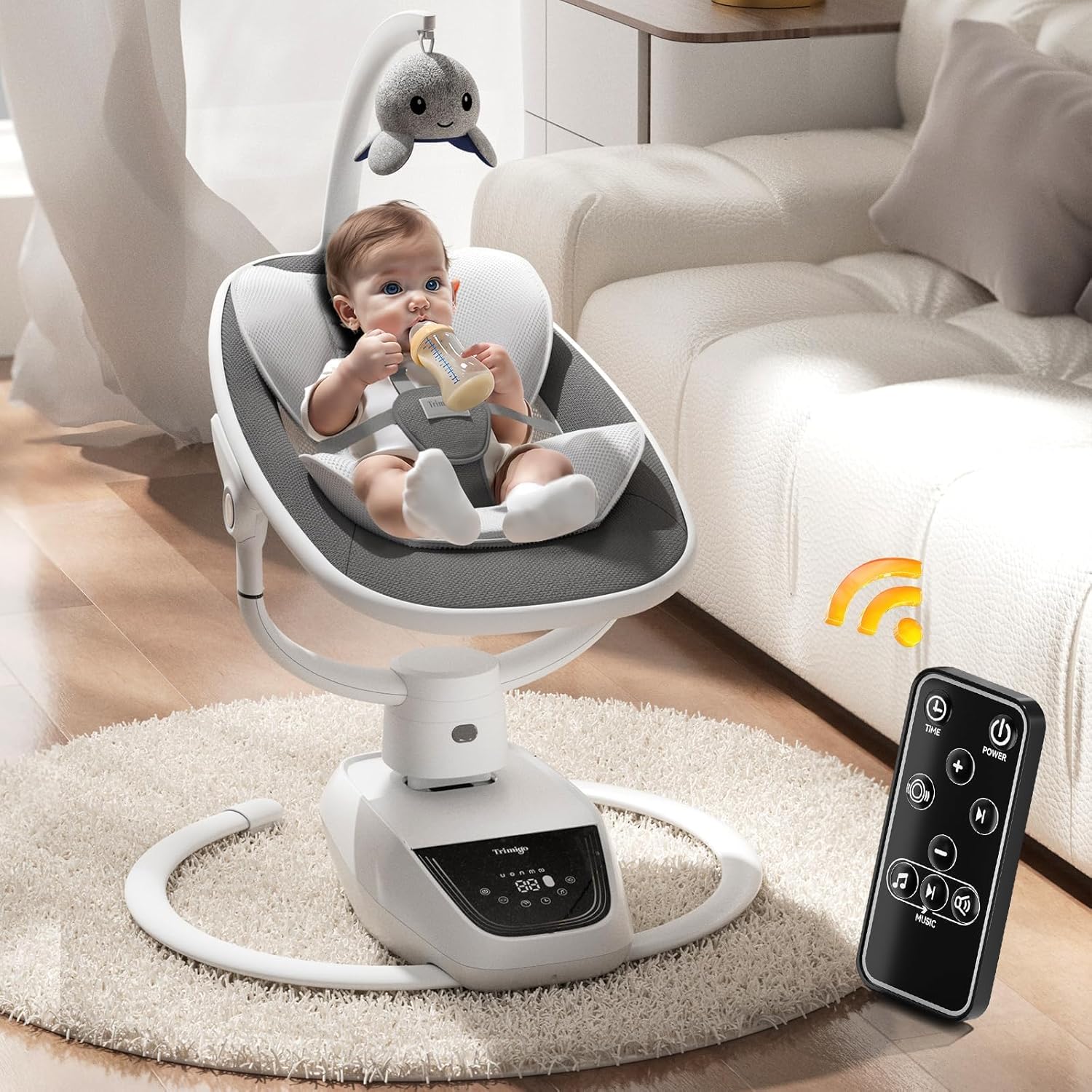 Transat bébé électrique balancoire bébé Réglable inclinaison, rotation 180°, 5 modes de balancement, musique et télécommande - Jusqu'à 18 kg (Gris)