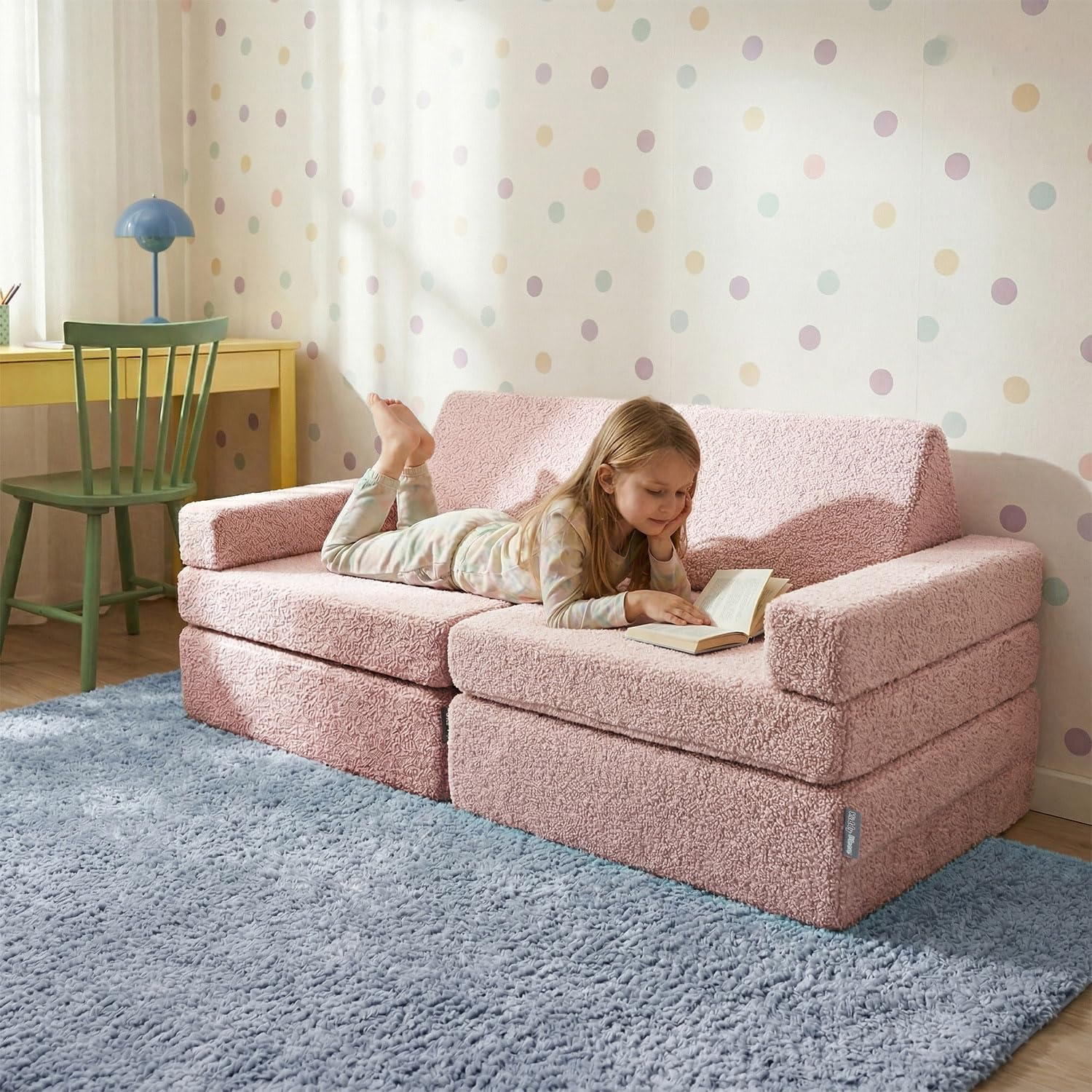 Canapé Enfant en Mousse Et Housse Teddy, Modulaire Et Pliable, pour Jouer, Lire Et Se Détendre, Rose Rose Sans Oreillers