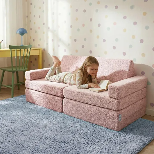 Canapé Enfant en Mousse Et Housse Teddy, Modulaire Et Pliable, pour Jouer, Lire Et Se Détendre, Rose Rose Sans Oreillers