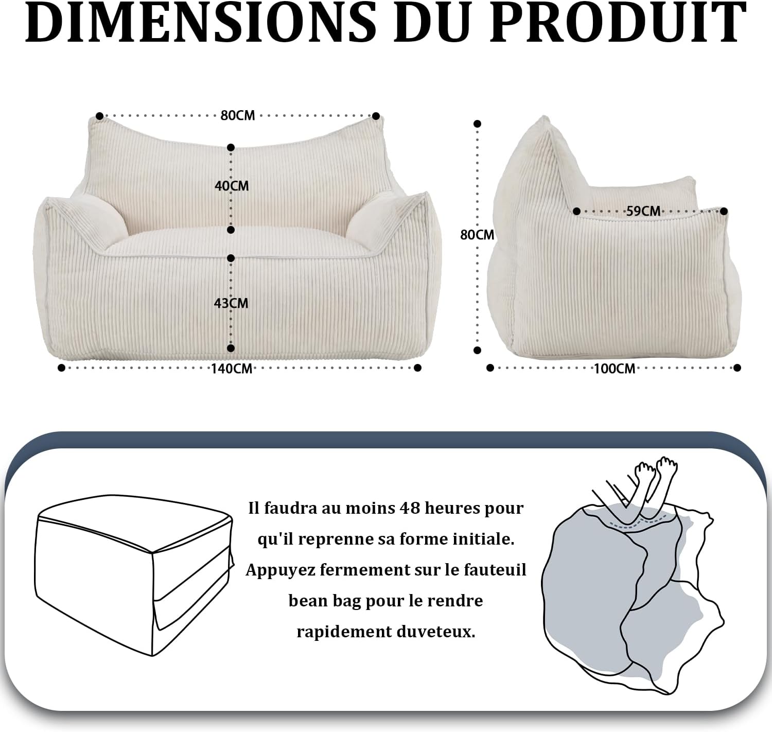 Pouf en Velours côtelé avec Dossier, Pouf pour Adulte avec Rembourrage, Grand Pouf en Fourrure synthétique, Fauteuil Confortable avec Mousse Haute densité, Chambre, Salon, Beige
