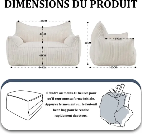 Pouf en Velours côtelé avec Dossier, Pouf pour Adulte avec Rembourrage, Grand Pouf en Fourrure synthétique, Fauteuil Confortable avec Mousse Haute densité, Chambre, Salon, Beige