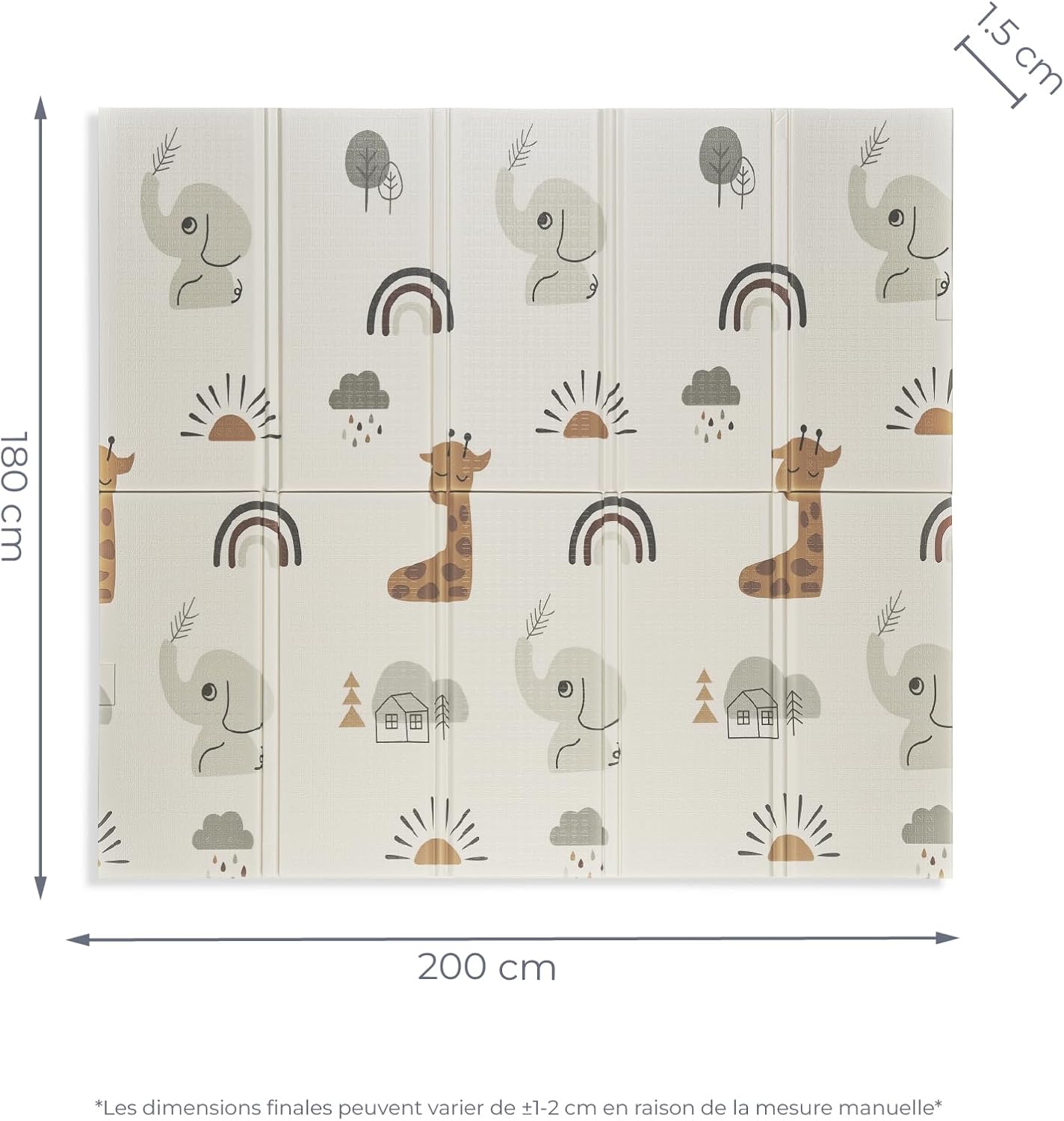 BabyWorld - FANCY - Tapis de Jeu pour Bébé 180x200 cm - Double Face, Très Rembourré (1,5 cm d’Épaisseur) - Pliable avec Sac de Transport (Éléphant/Arc-en-ciel) Éléphant/Arc-en-ciel 200 cm x 180 cm